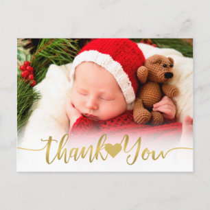 Baby Geboortefoto Modern Gold Script Hart Dank U Feestdagenkaart