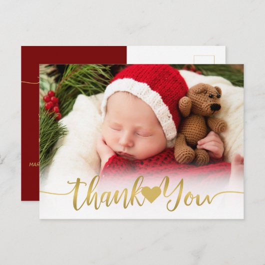 Baby Geboortefoto Modern Gold Script Hart Dank U Feestdagenkaart (Voorkant / Achterkant)