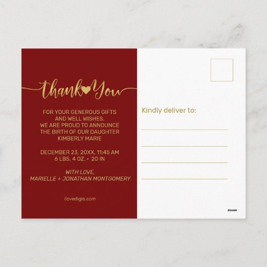 Baby Geboortefoto Modern Gold Script Hart Dank U Feestdagenkaart (Achterkant)