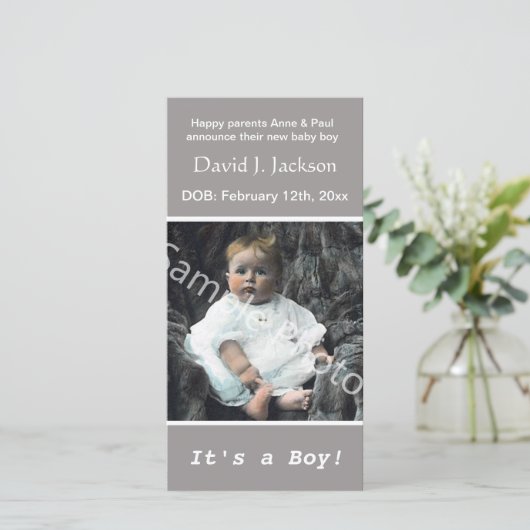baby geboortegrijze aankondiging. voeg je foto toe aankondiging (Staand voorkant)