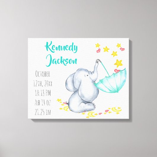 Baby Geboorterecord Stats Elephant Hearts and Star Canvas Afdruk (Voorkant)