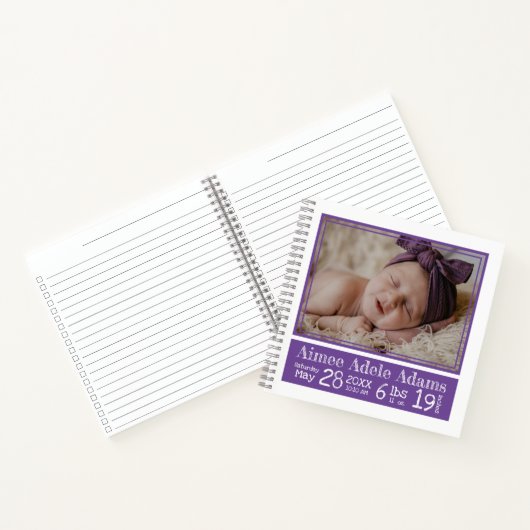 Baby Geboortestatistieken Foto Notitieboek | Paars (Binnen)