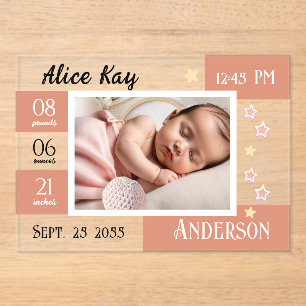 Baby Geboortestatistieken One Photo Pink aankondig Acryl Uitnodigingen