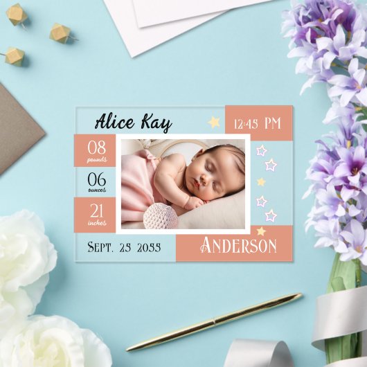 Baby Geboortestatistieken One Photo Pink aankondig Acryl Uitnodigingen (Insitu (Huwelijk))