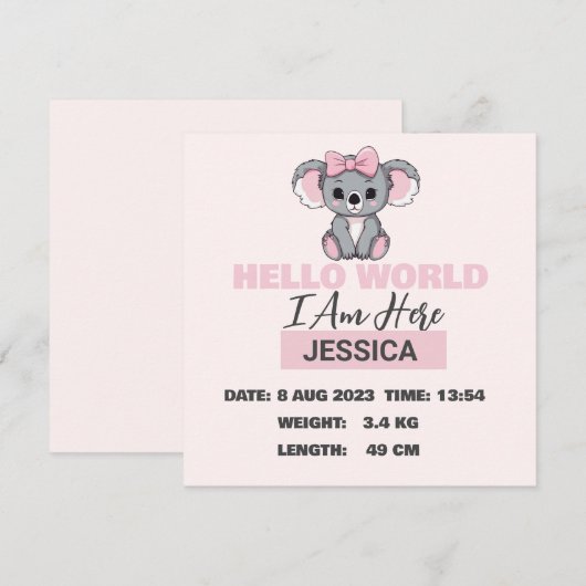 Baby Geboren Details Roze Koala Aankondiging (Voorkant / Achterkant)