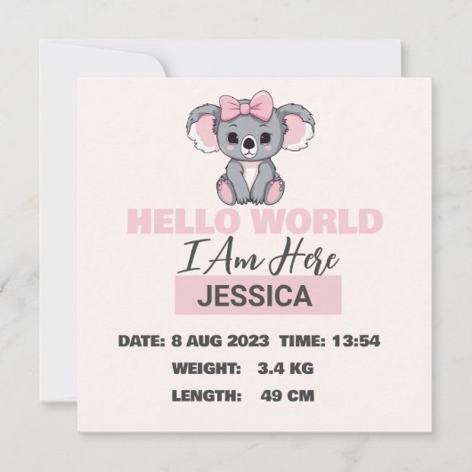 Baby Geboren Details Roze Koala Aankondiging (Voorkant)