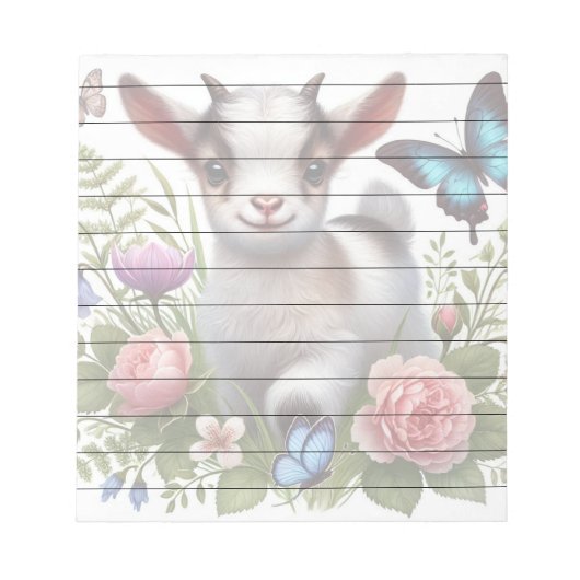 Baby Geit met kleurrijke vlinders en bloemen Notitieblok (Voorkant)