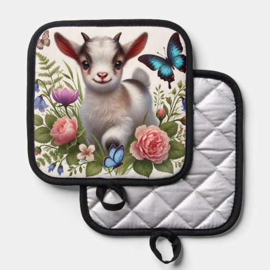 Baby Geit met kleurrijke vlinders en bloemen Pannenlap (Voorkant / Achterkant)