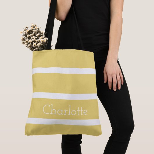 Baby Gele en Witte Stripes Gepersonaliseerd Tote Bag (Dichtbij)