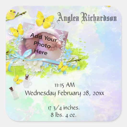 Baby gele vogel- en vlinderfoto-Lijst Vierkante Sticker (Voorkant)