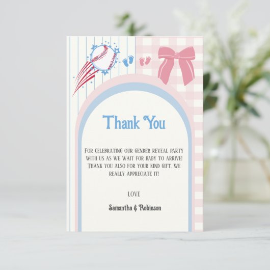 Baby gender onthullen Baseballs of Bows Bedankkaart (Staand voorkant)