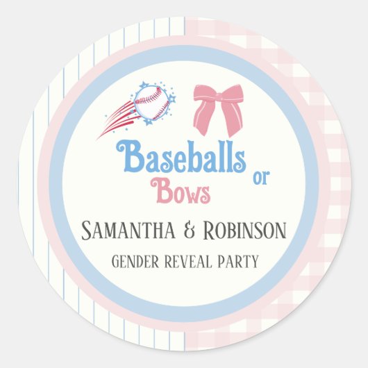 Baby gender onthullen Baseballs of Bows Ronde Sticker (Voorkant)