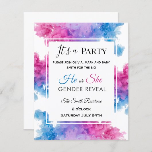 Baby gender onthullen uitnodiging Roze blauwe rook (Voorkant / Achterkant)