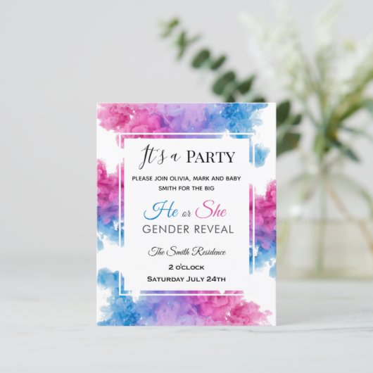 Baby gender onthullen uitnodiging Roze blauwe rook (Staand voorkant)