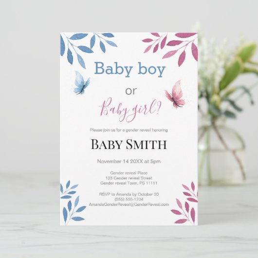 Baby gender onthult waterverf florale vlinder kaart (Staand voorkant)