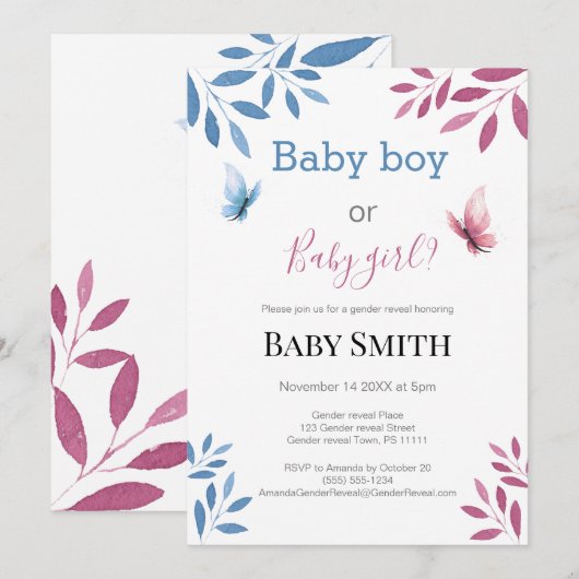 Baby gender onthult waterverf florale vlinder kaart (Voorkant / Achterkant)