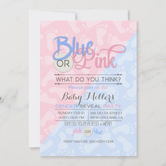 Baby Gender Reveal Party Roze Blauwe Voetafdruk Kaart (Voorkant)