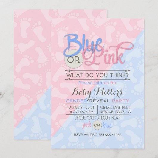 Baby Gender Reveal Party Roze Blauwe Voetafdruk Kaart (Voorkant / Achterkant)