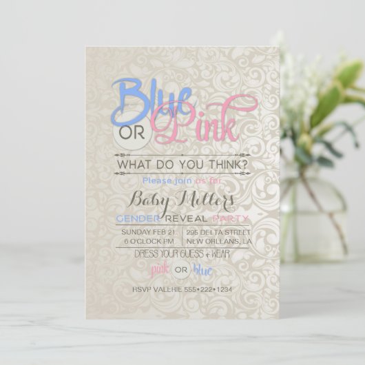 Baby Gender Reveal Party Satin Damask Kaart (Staand voorkant)