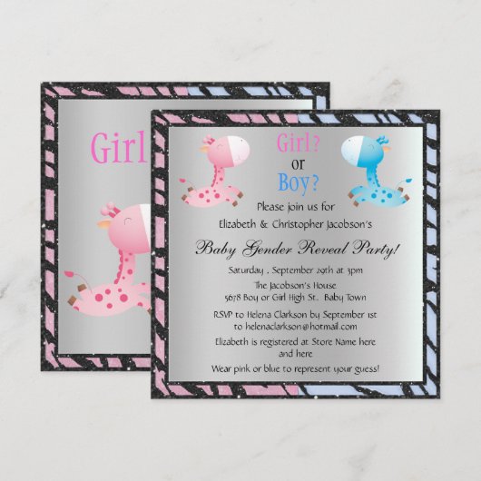 Baby Geslacht Dierafdrukken en -Giraffes onthullen Kaart (Voorkant / Achterkant)