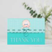 Baby Gezicht op Blauwgroen Gingham met Scallop Bor Bedankkaart (Staand voorkant)