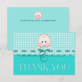 Baby Gezicht op Blauwgroen Gingham met Scallop Bor Bedankkaart (Voorkant / Achterkant)