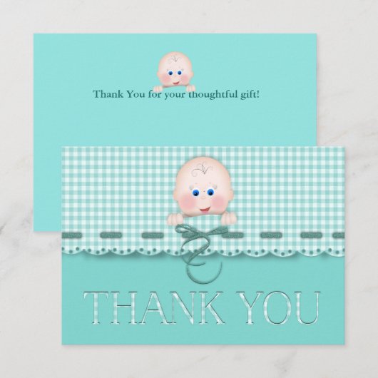 Baby Gezicht op Blauwgroen Gingham met Scallop Bor Bedankkaart (Voorkant / Achterkant)