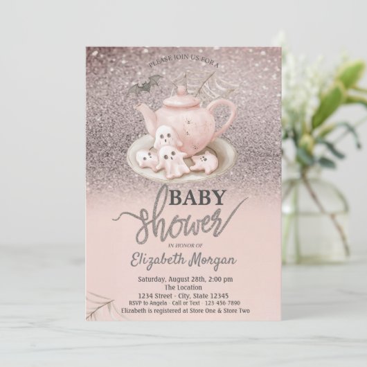Baby Ghosts Theepot Roos Glitter Bokeh Baby shower Kaart (Staand voorkant)