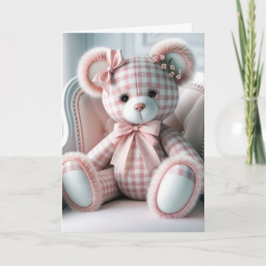 Baby Gingham Teddy Bear op een stoel Kaart (Voorkant)