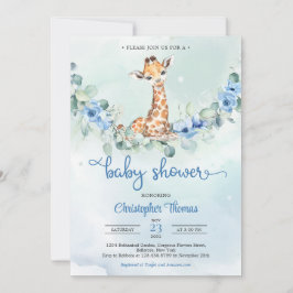 Baby giraf blauw Bloemen eucalyptus Baby shower Kaart
