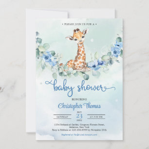 Baby giraf blauw Bloemen eucalyptus Baby shower Kaart