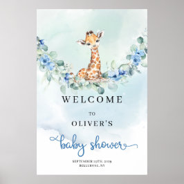 Baby giraf blauw bloemetjes Jongen Baby shower Wel Poster