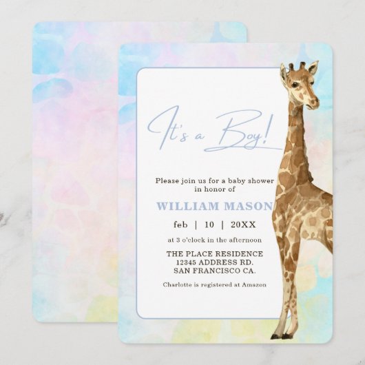 Baby Giraffe Baby shower Blue I's a Boy Kaart (Voorkant / Achterkant)