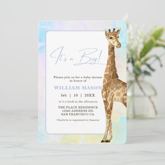Baby Giraffe Baby shower Blue I's a Boy Kaart (Staand voorkant)
