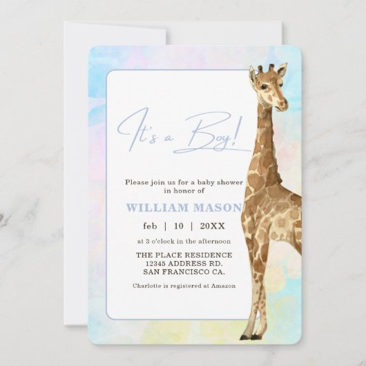 Baby Giraffe Baby shower Blue I's a Boy Kaart (Voorkant)