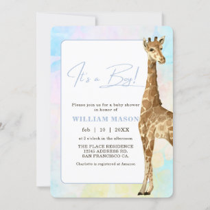 Baby Giraffe Baby shower Blue I's a Boy Kaart