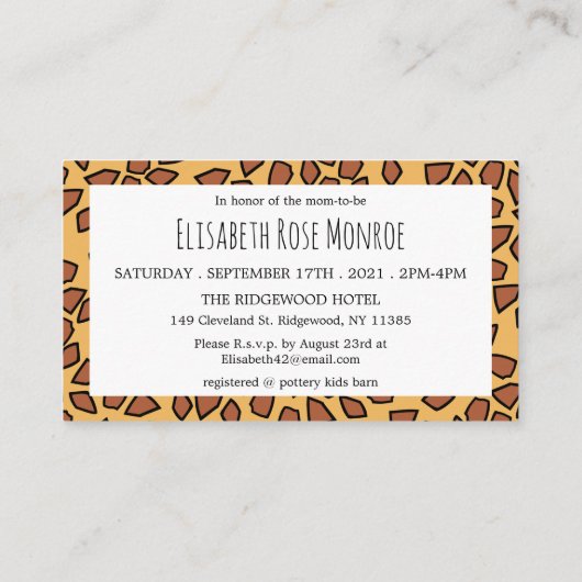 Baby Giraffe, Baby shower Ticket Uitnodiging Informatiekaartje (Achterkant)