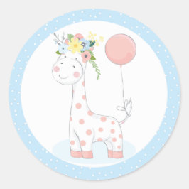 Baby Giraffe Ballon Floral Crown Pastel Blue Zoo Ronde Sticker