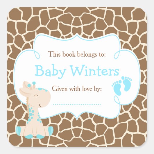 Baby Giraffe Blauwe Shower Bookplate Vierkante Sticker (Voorkant)