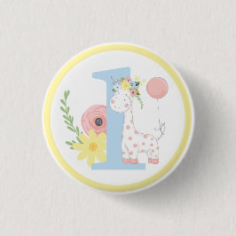 Baby Giraffe Bloemige Nummer Een 1e Verjaardagsfee Ronde Button 3,2 Cm