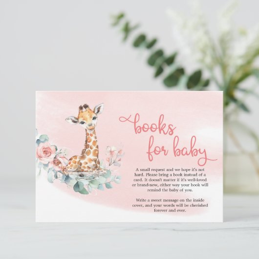 Baby giraffe blush bloemen eucalyptus book request informatiekaartje (Staand voorkant)