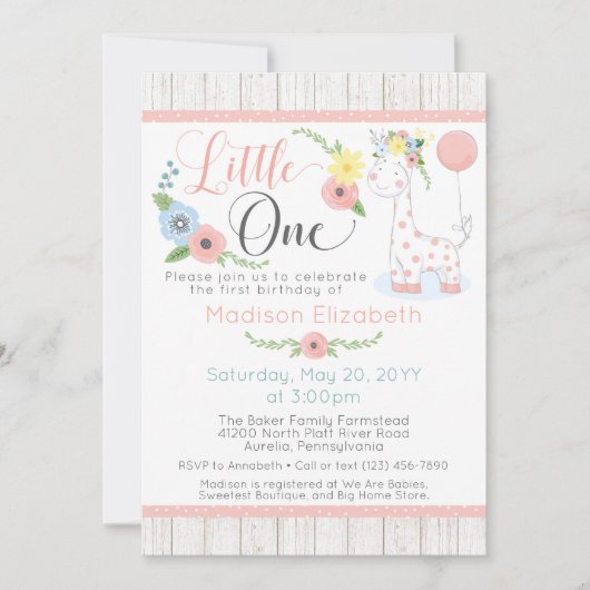Baby Giraffe Eerste Verjaardag Bloemen & Rustiek H Kaart (Voorkant)