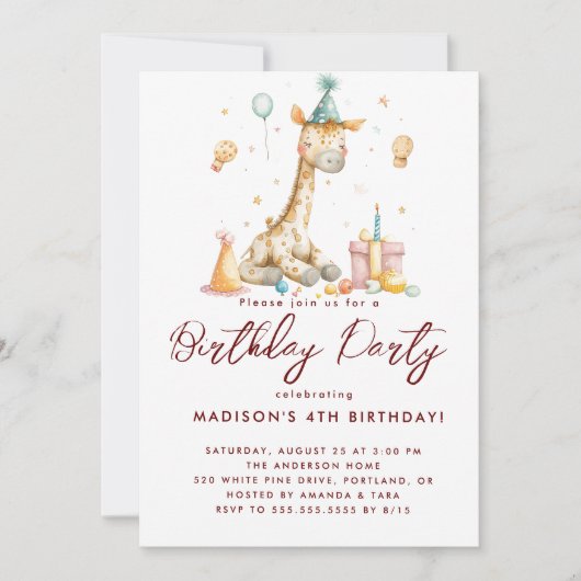 Baby Giraffe en ballonnen verjaardagsfeestje voor  Kaart (Voorkant)