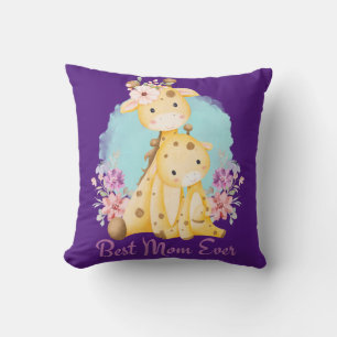 Baby Giraffe en Mam Paarse Thema Beste Mam Ooit Kussen