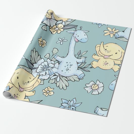 Baby Giraffe en olifant Cadeaupapier (Uitgerold)