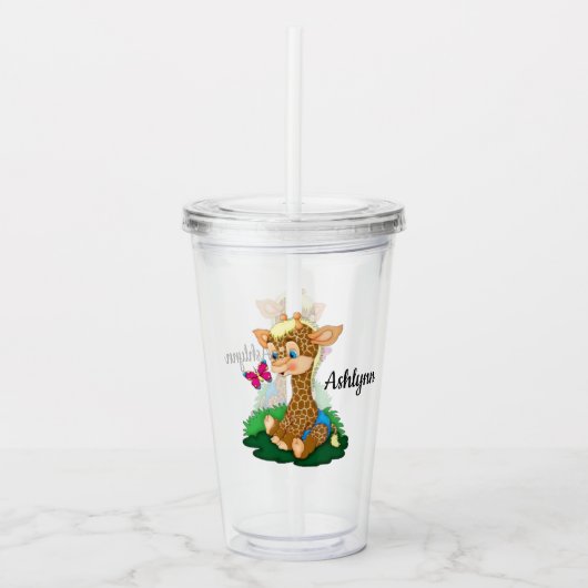 Baby Giraffe en vlinder Acryl Drinkbeker (Voorkant)