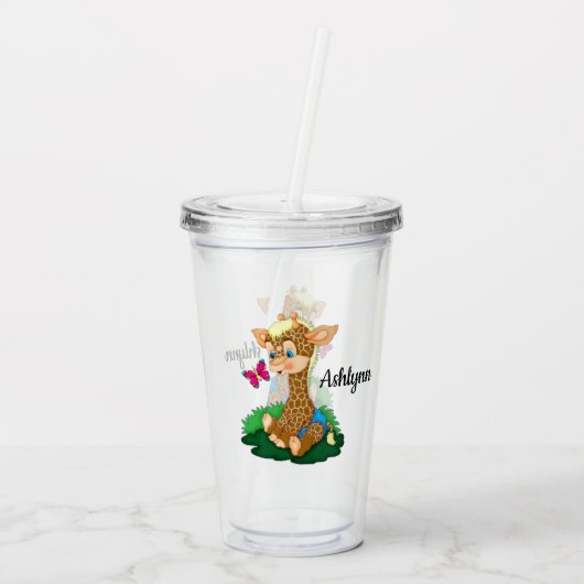 Baby Giraffe en vlinder Acryl Drinkbeker (Achterkant)
