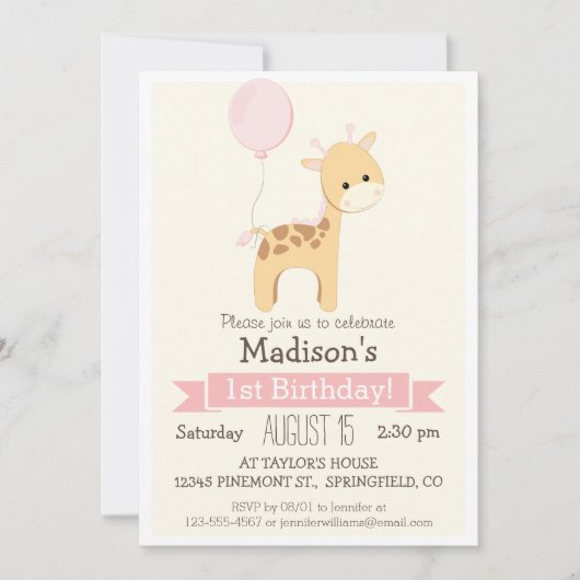 Baby Giraffe Girl's Birthday Party Invitation Kaart (Voorkant)