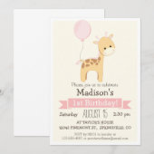 Baby Giraffe Girl's Birthday Party Invitation Kaart (Voorkant / Achterkant)