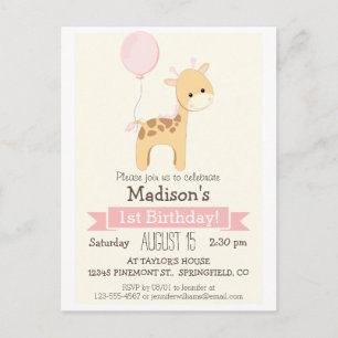 Baby Giraffe Girl's Birthday Party Invitation Uitnodiging Briefkaart